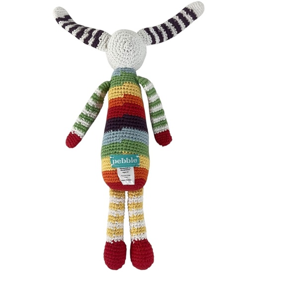 Pebble Handmade Crochet Bunny Rattle Toy Rainbow Stripes  12” Plush Doll - Picture 4 of 8